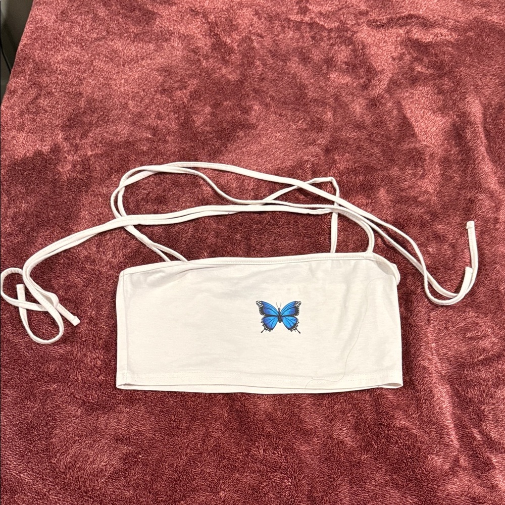 SHEIN White Tube Top with Blue Butterfly Accent